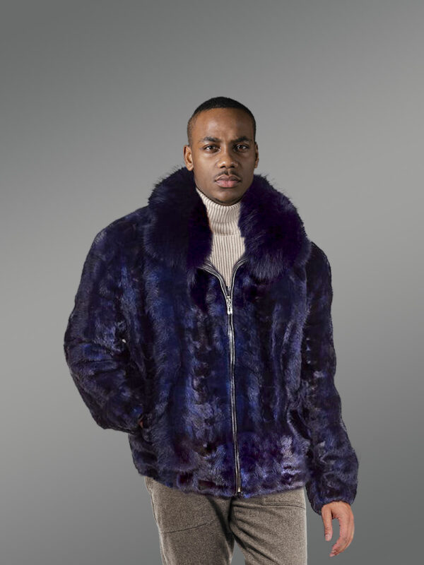 Men Mink Fur Bomber Coat with fox fur Collar - Image 2