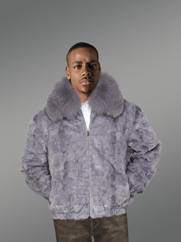 Grey Real Mink Fur Front Zipper Classic Bomber Jacket - Image 2