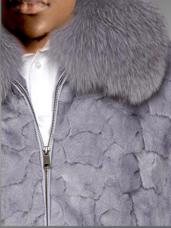 Grey Real Mink Fur Front Zipper Classic Bomber Jacket - Image 3