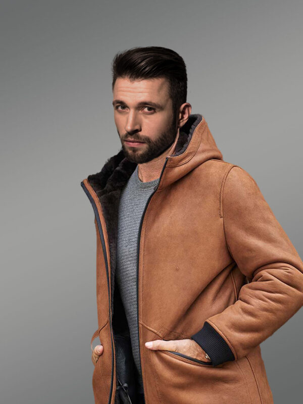 Mens Shearling Coat Long Fur Jacket with Hooded - Image 2