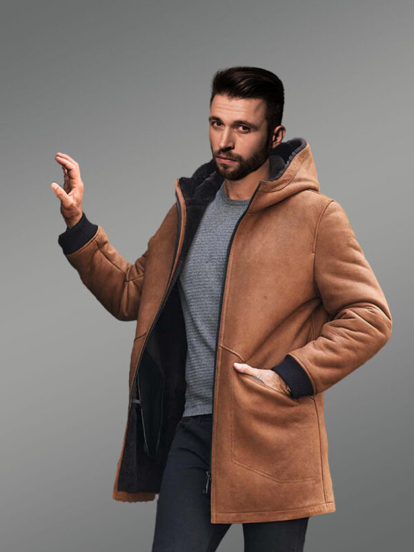 Mens Shearling Coat Long Fur Jacket with Hooded - Image 4