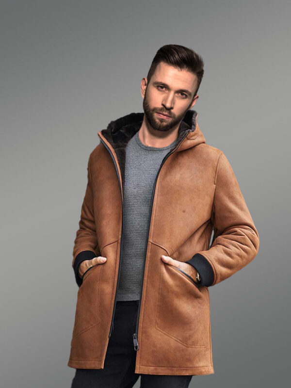 Mens Shearling Coat Long Fur Jacket with Hooded - Image 5