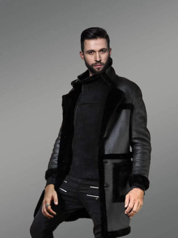 Long Sheepskin Coat for Men with Wool Trim Accents