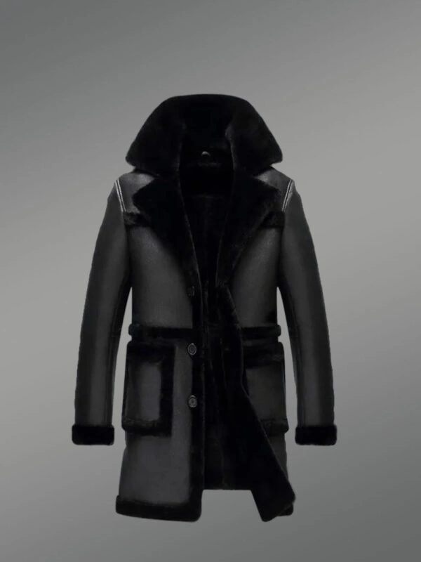 Long Sheepskin Coat for Men with Wool Trim Accents - Image 2