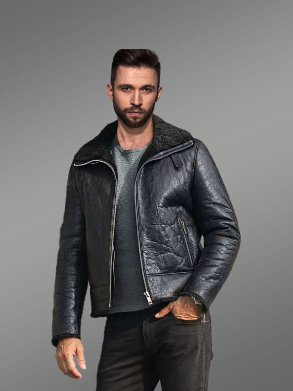 Shearling Black Leather Jacket for Men - Image 4