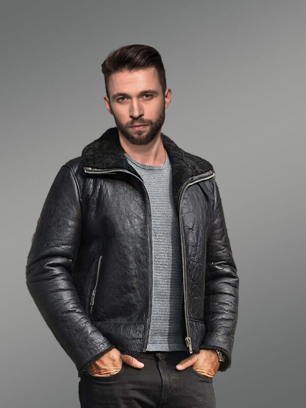 Shearling Black Leather Jacket for Men - Image 2