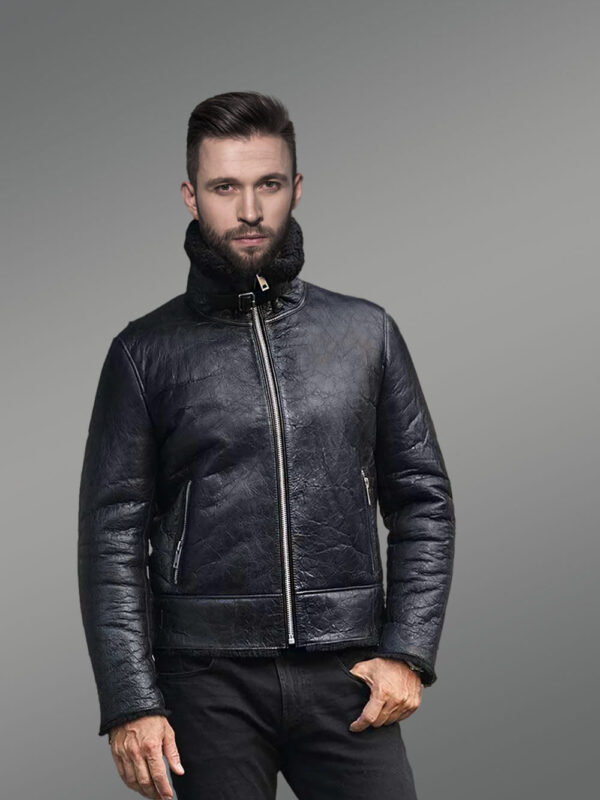 Shearling Black Leather Jacket for Men - Image 5