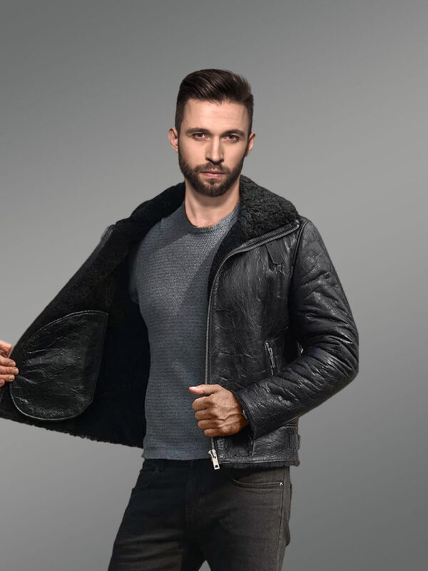 Shearling Black Leather Jacket for Men - Image 3