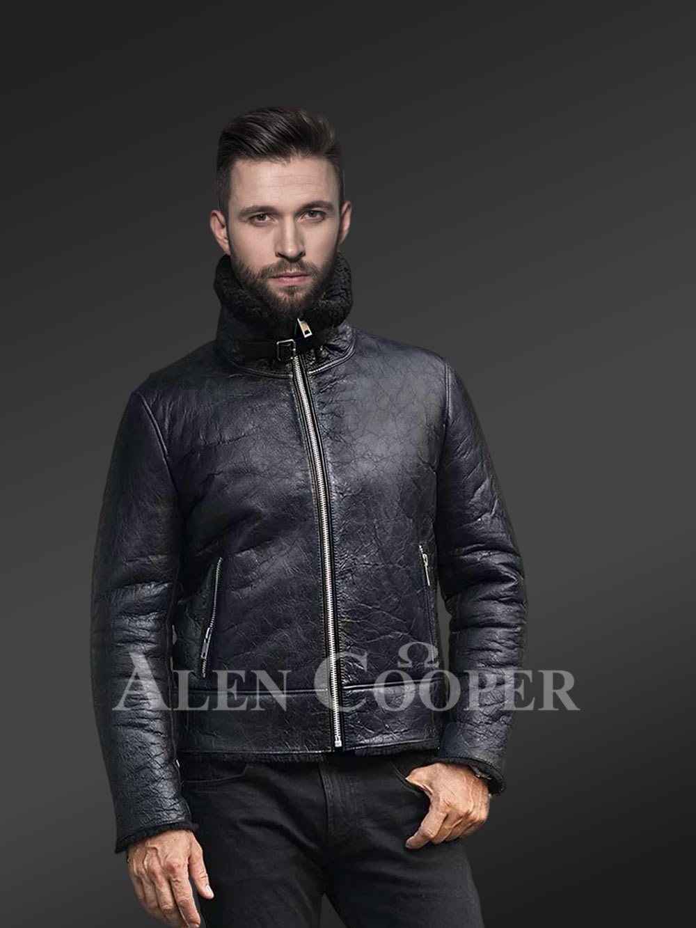 Sheepskin Men Jacket with Leather Straps - Image 2