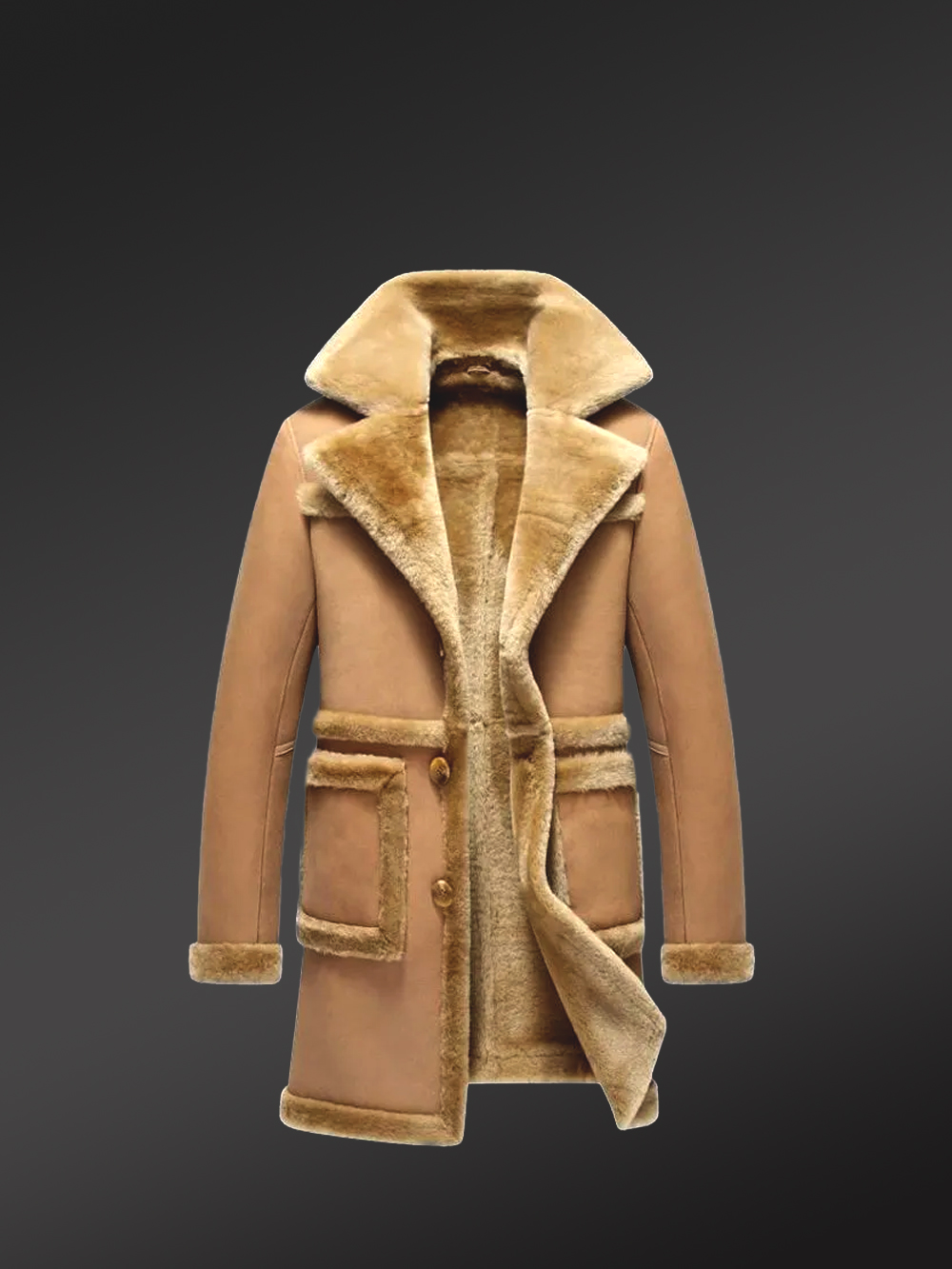 Shearling Long Coat in Camel Brown with a Suede Finish - Image 3