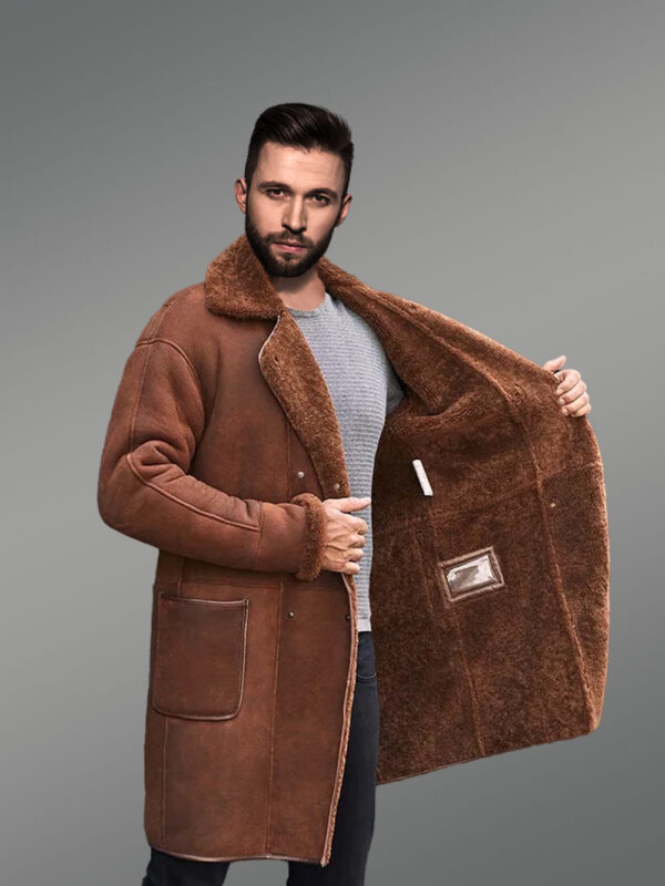 Men Long Sheepskin Coat in Double Breast Style - Image 5