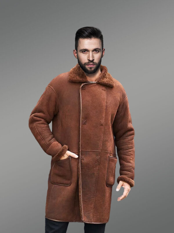 Men Long Sheepskin Coat in Double Breast Style - Image 3