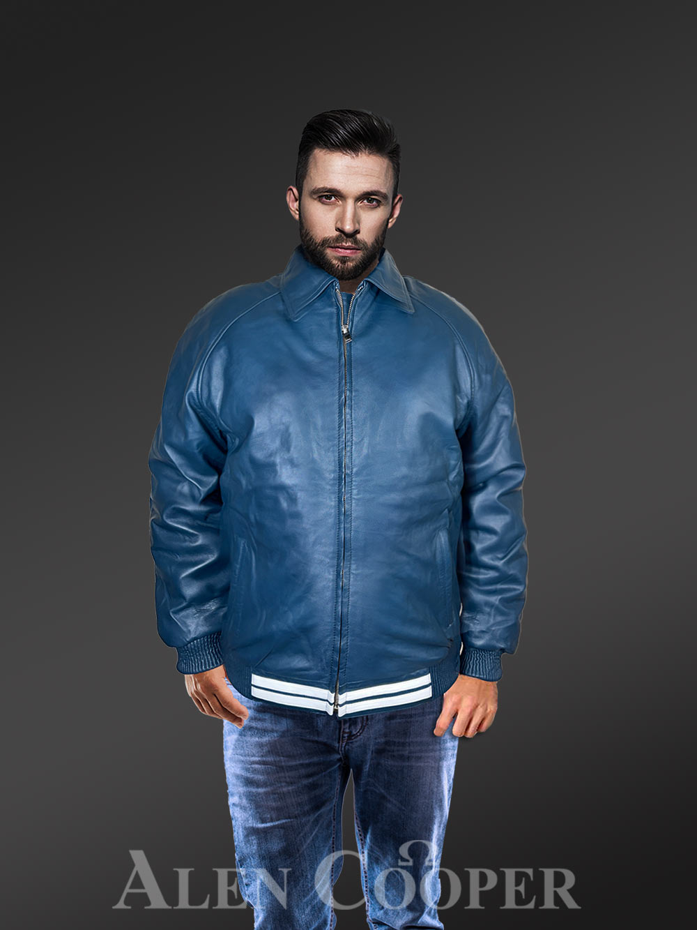 Leather Varsity Jacket for Men in Blue - Image 3