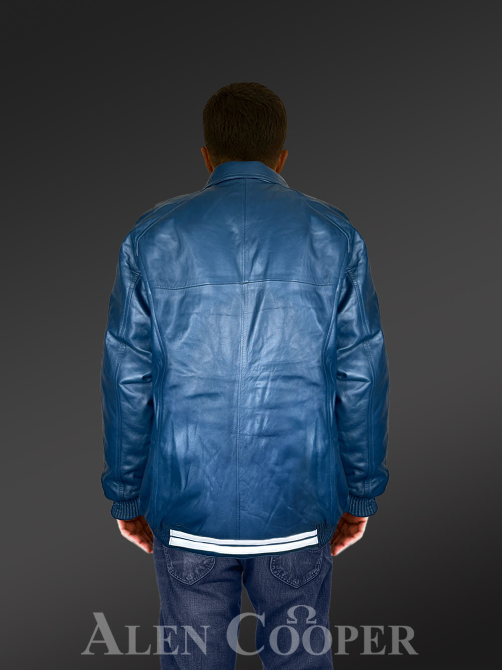 Leather Varsity Jacket for Men in Blue - Image 5