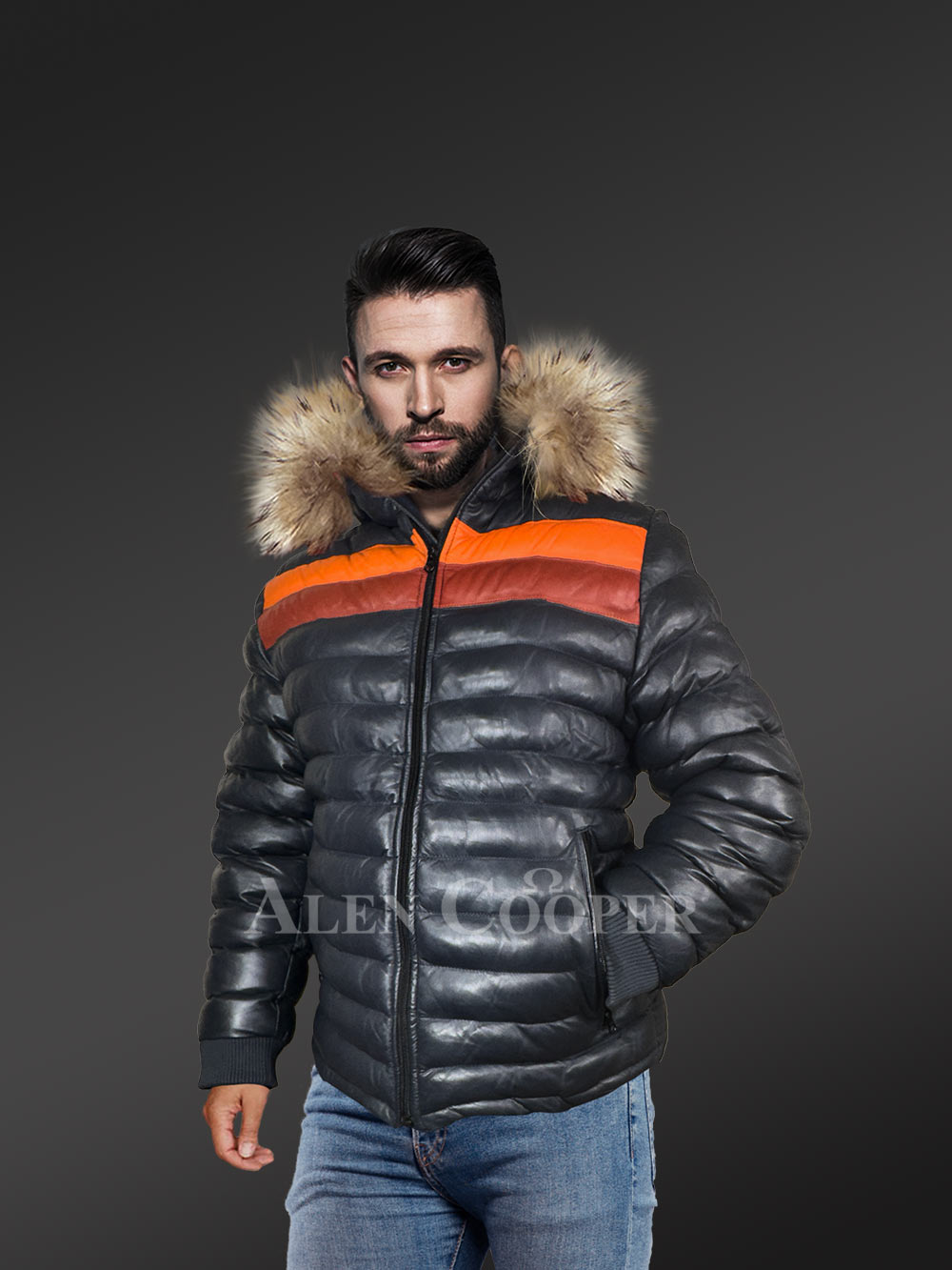 Down Leather Jacket with Fur Trims Accentuating the Hood - Image 3
