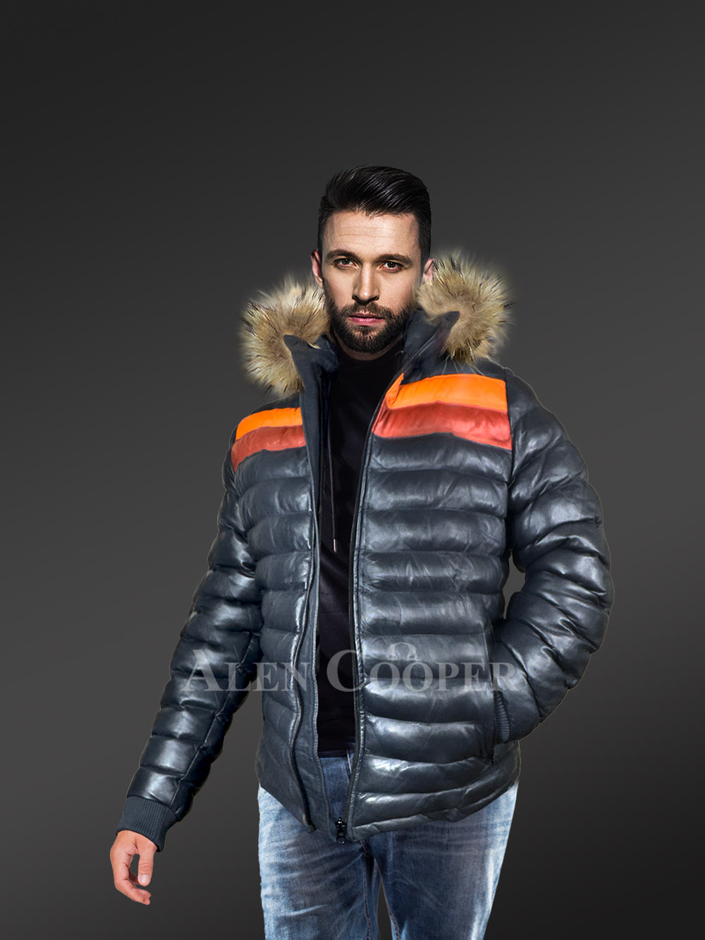 Down Leather Jacket with Fur Trims Accentuating the Hood - Image 5