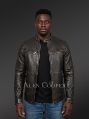 Leather Moto Jacket with Band Collar – Step out In Style