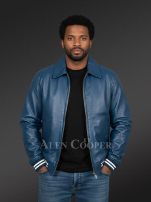 Leather Varsity Jacket for Men in Blue