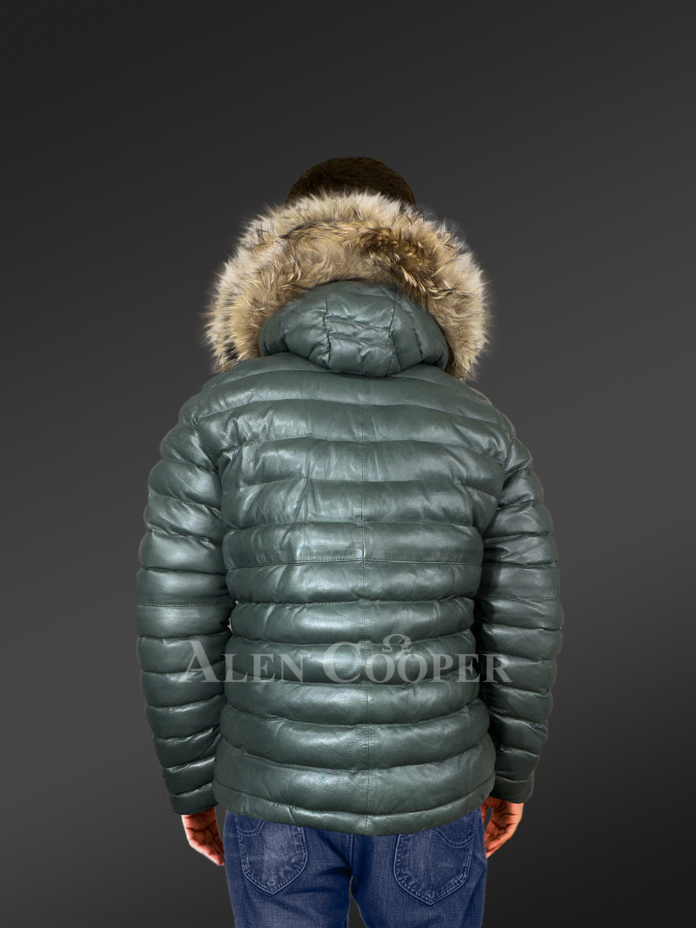 Leather Goose Down Bomber for Men with Detachable Hood - Image 4