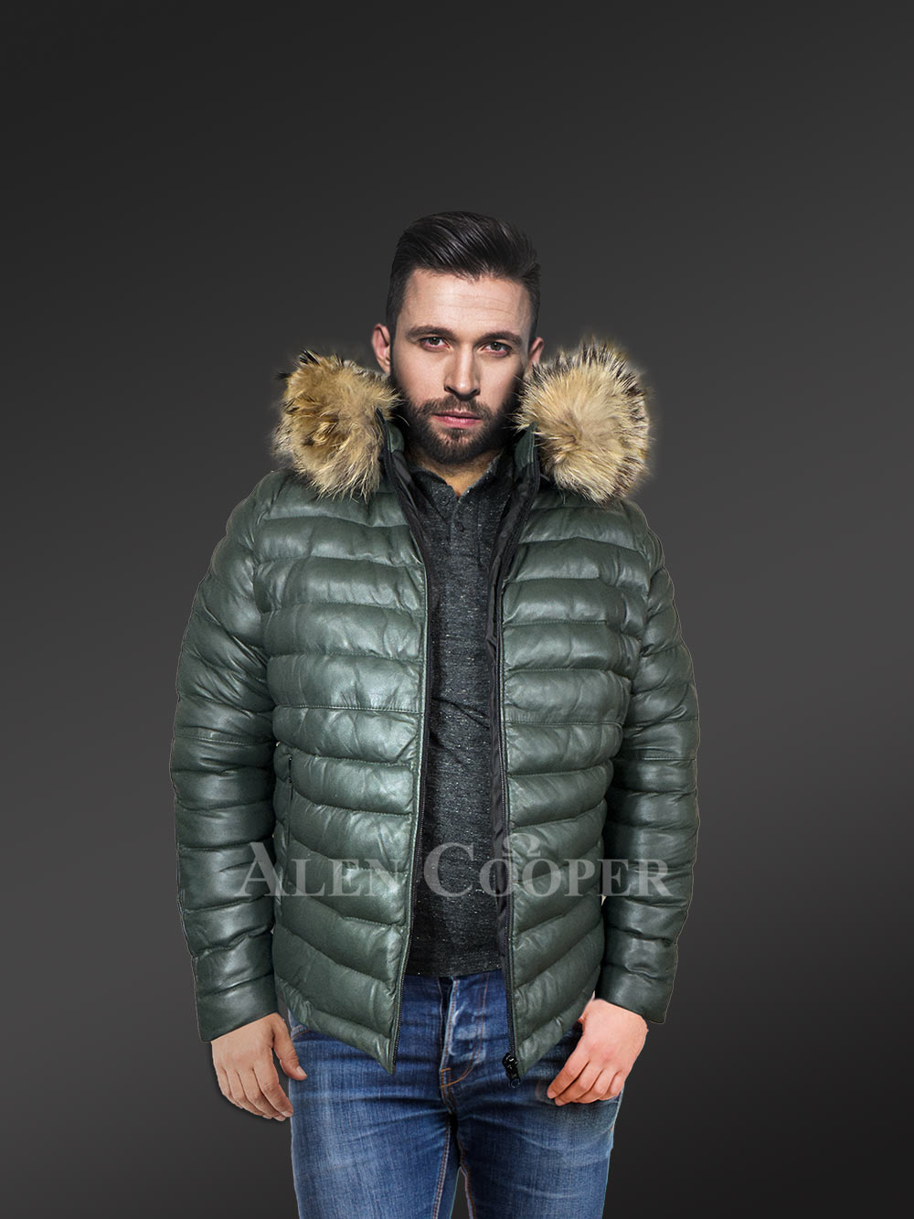 Leather Goose Down Bomber for Men with Detachable Hood - Image 2