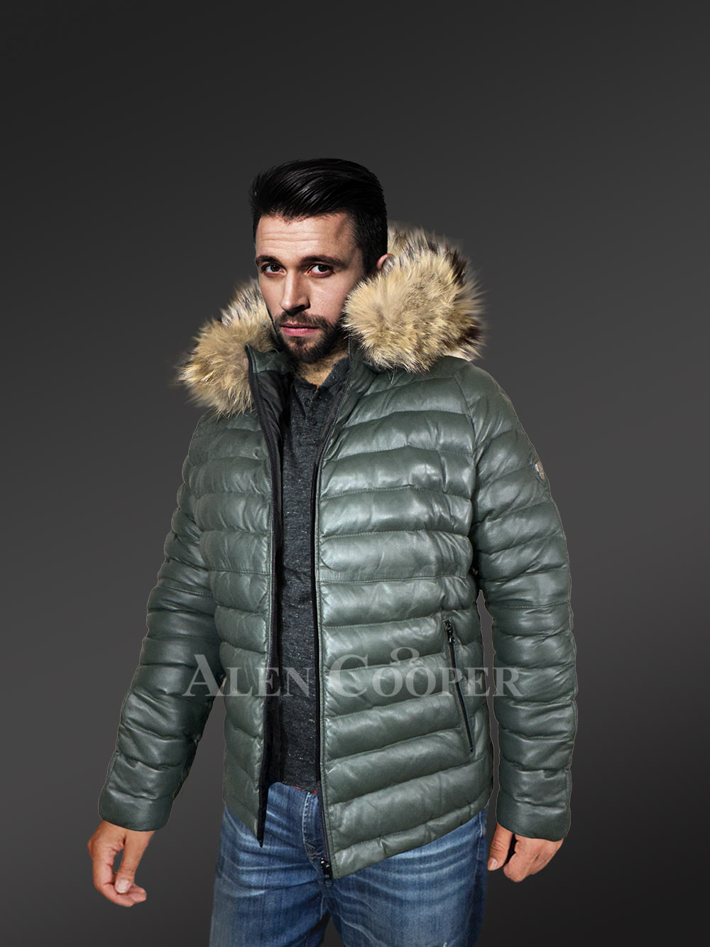 Leather Goose Down Bomber for Men with Detachable Hood - Image 3