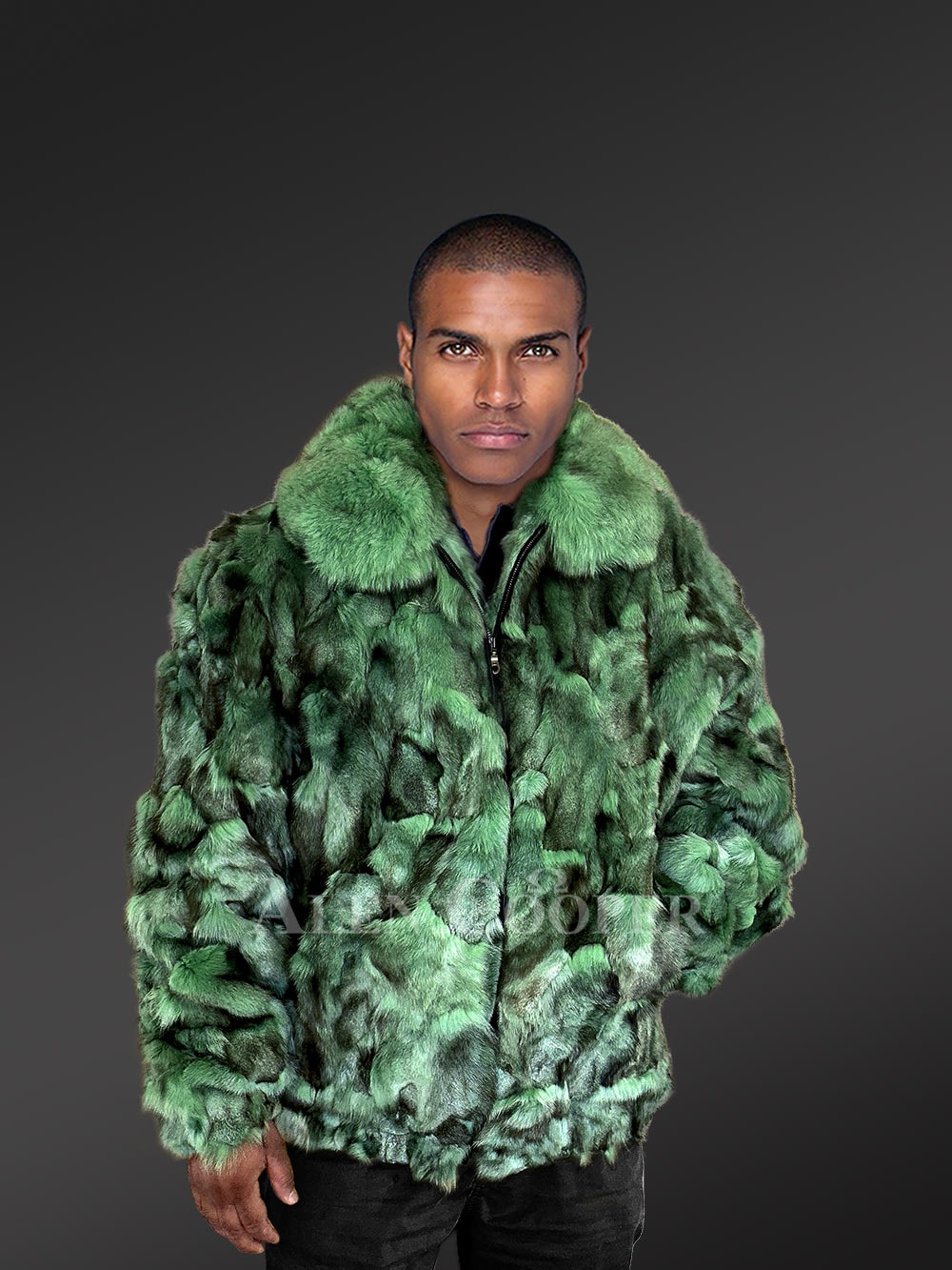 Mens Bomber in Fox Fur with Zip-up Front