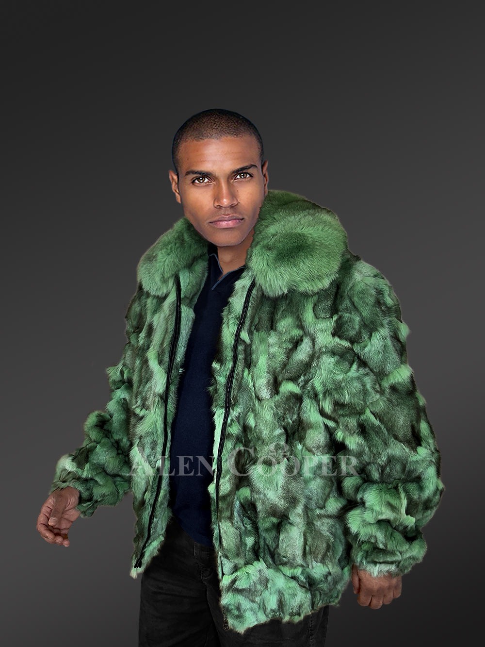 Mens Bomber in Fox Fur with Zip-up Front - Image 4
