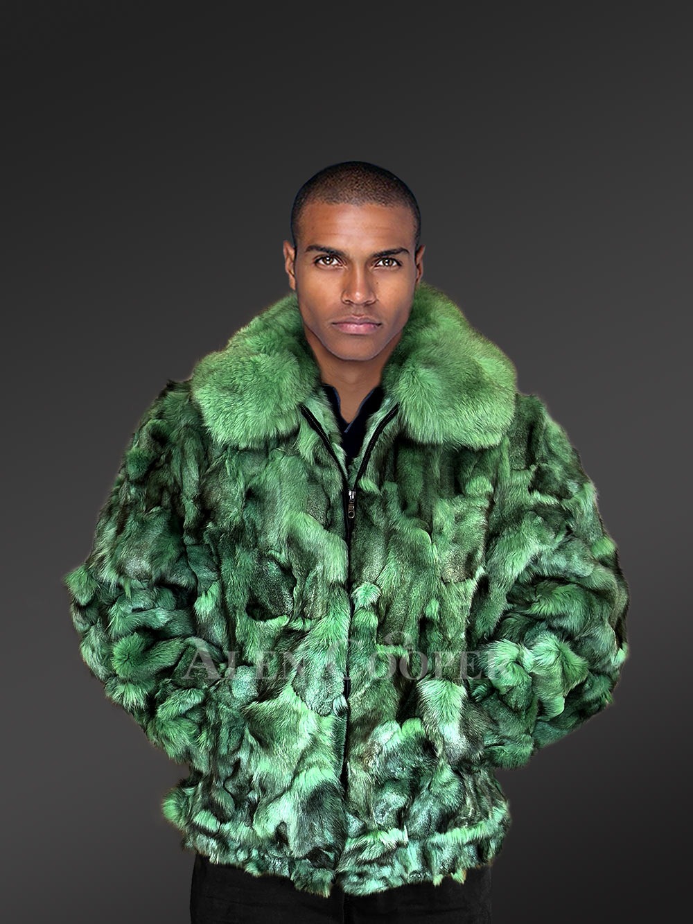 Mens Bomber in Fox Fur with Zip-up Front - Image 3