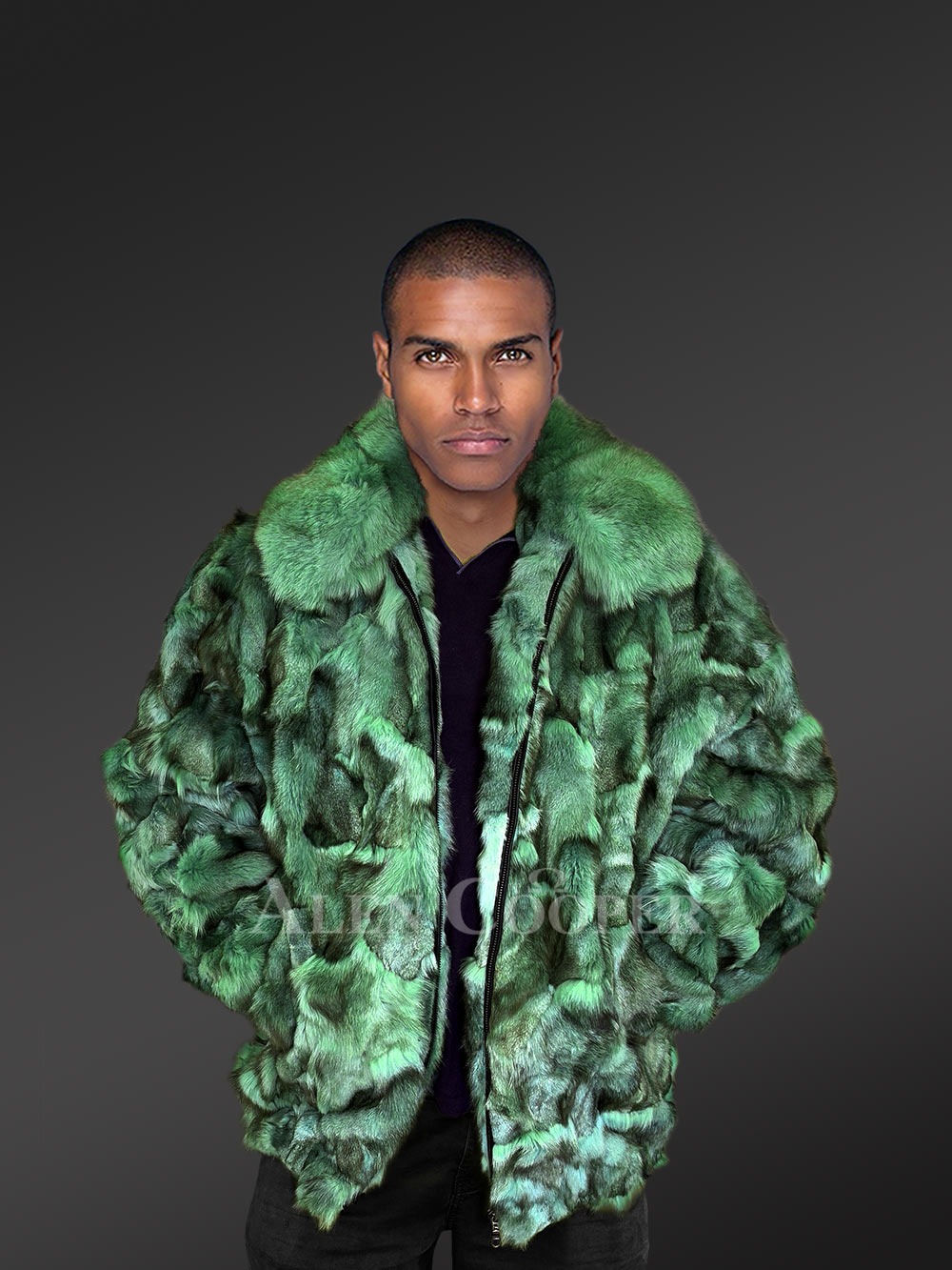 Mens Bomber in Fox Fur with Zip-up Front - Image 2