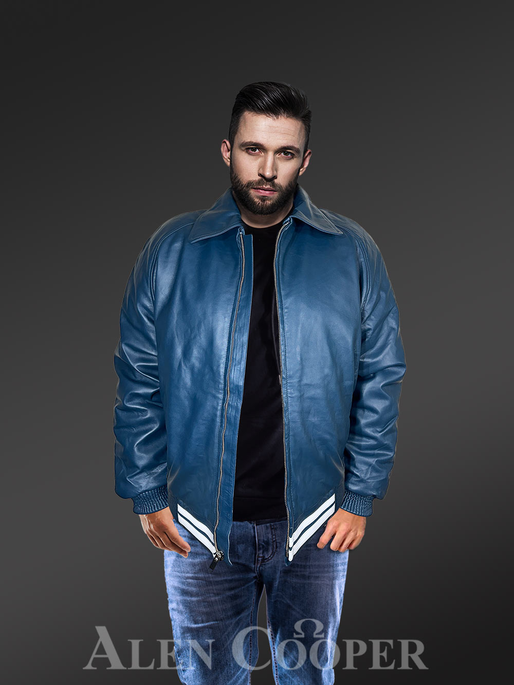 Leather Varsity Jacket for Men in Blue - Image 4