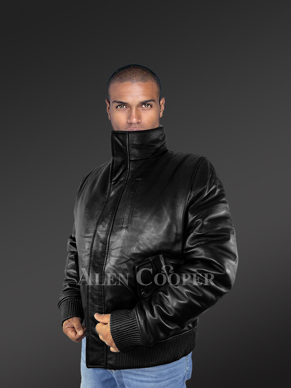 Mens Turtle Neck Leather Bomber Jacket with a Jet Black Luxe Appeal - Image 2