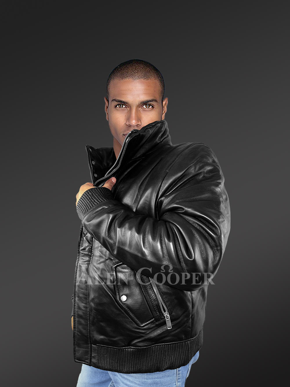 Mens Turtle Neck Leather Bomber Jacket with a Jet Black Luxe Appeal - Image 5