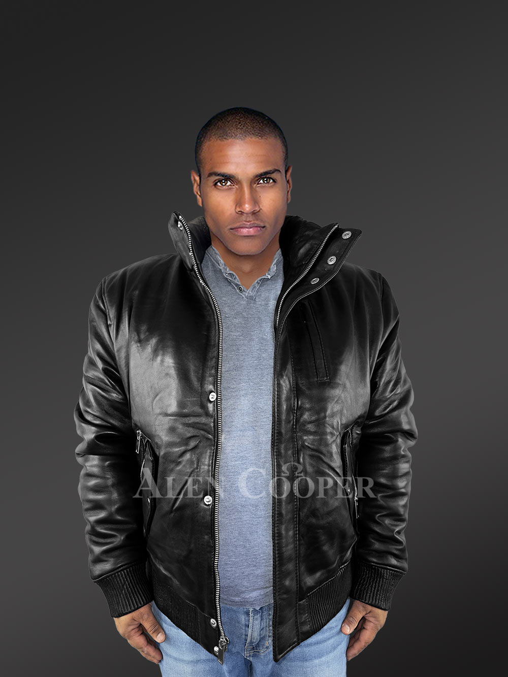 Mens Turtle Neck Leather Bomber Jacket with a Jet Black Luxe Appeal - Image 4