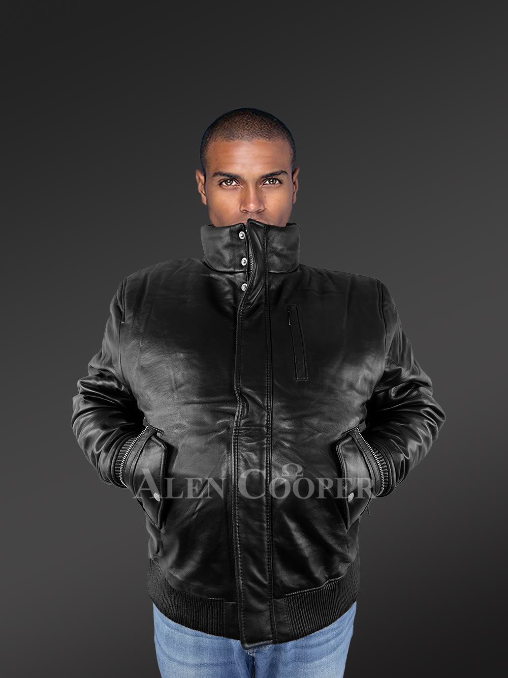 Mens Turtle Neck Leather Bomber Jacket with a Jet Black Luxe Appeal - Image 3