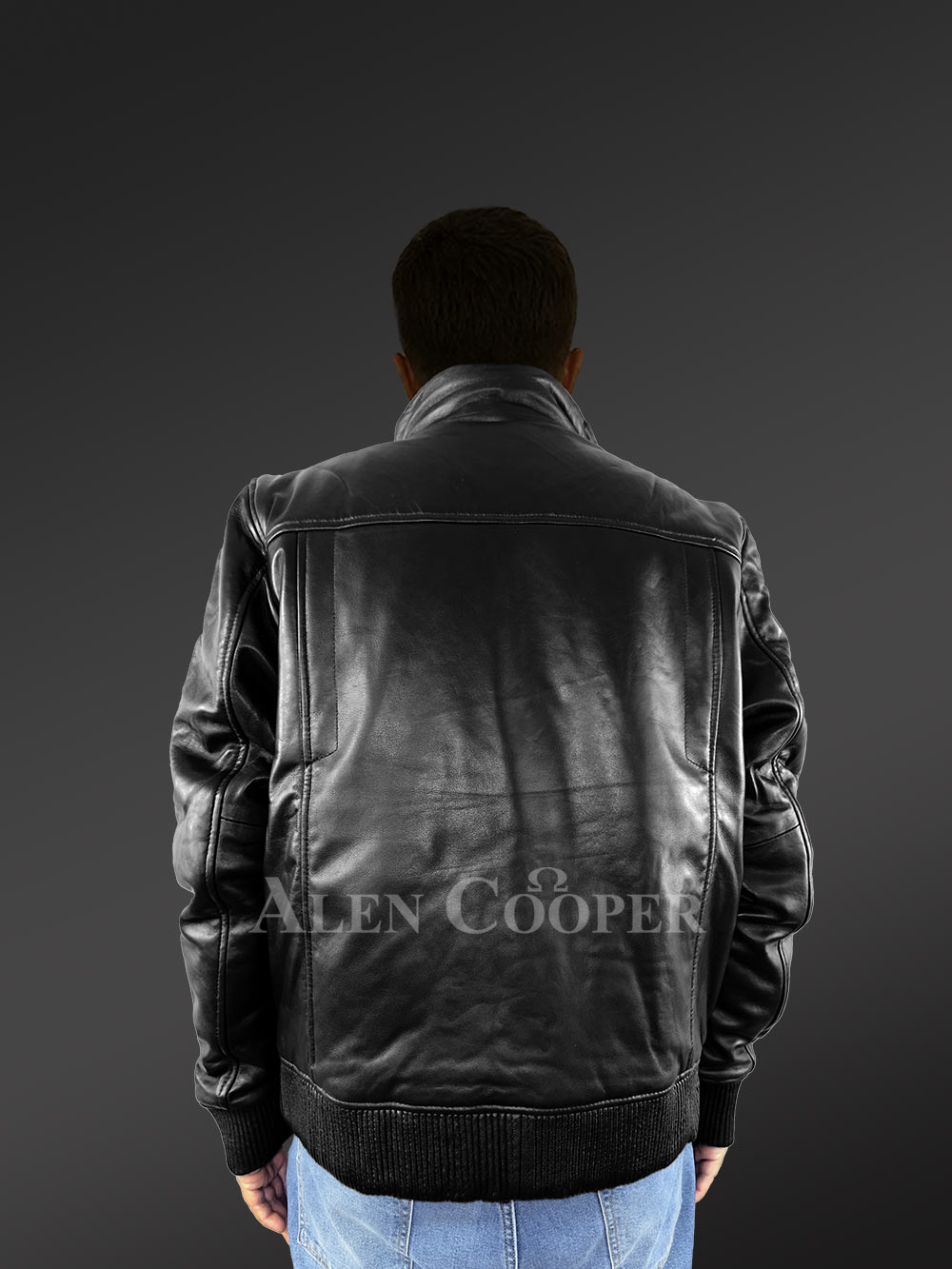 Mens Turtle Neck Leather Bomber Jacket with a Jet Black Luxe Appeal - Image 6