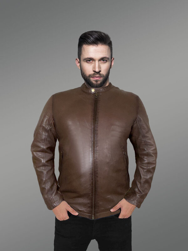 Motorcycle Leather Jacket with a Band Collar - Image 2