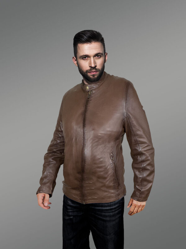 Motorcycle Leather Jacket with a Band Collar - Image 3