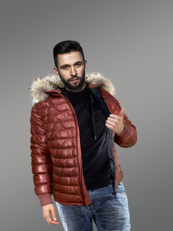 Puffer Leather Down Bomber with Raccoon Fur Hood - Image 3