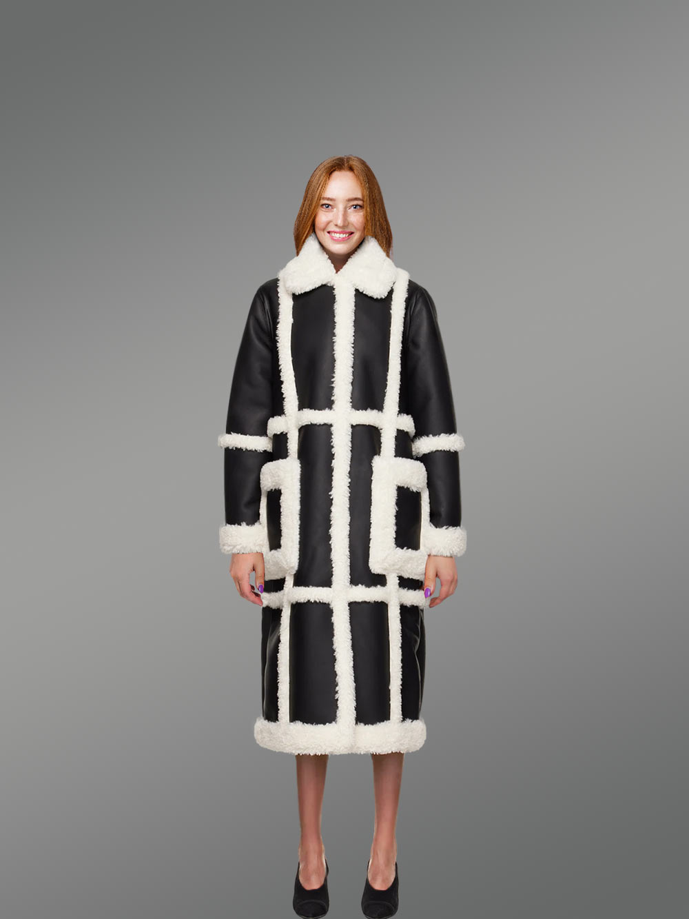 Women Shearling Classic long black and White Coat