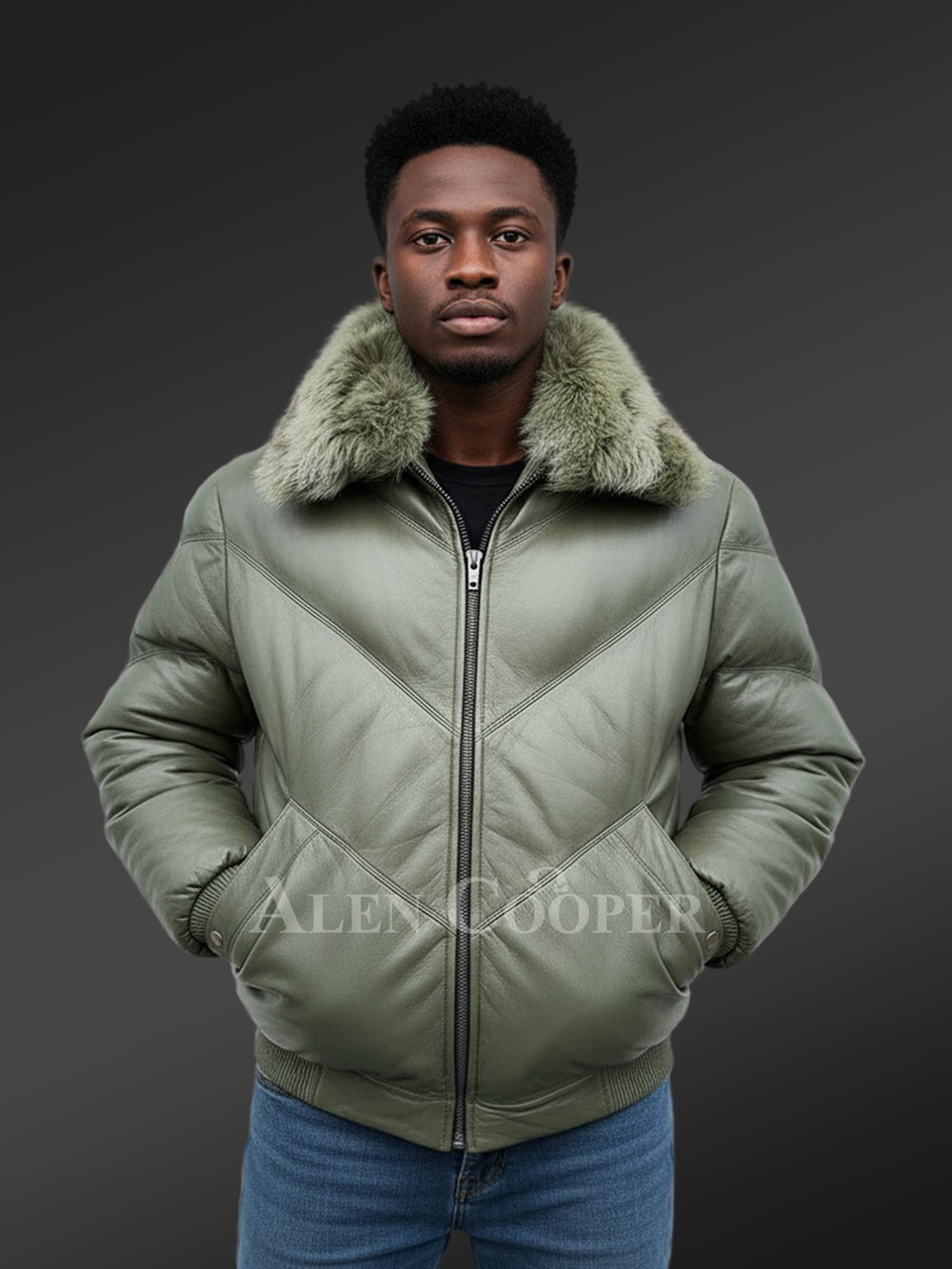 Mens Leather Down Puffer Jacket in Bomber Style