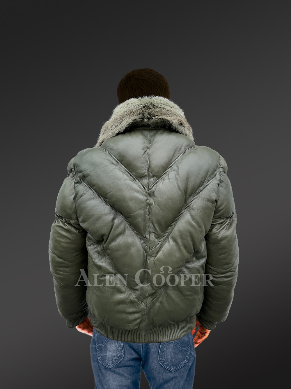 Mens Leather Down Puffer Jacket in Bomber Style - Image 3