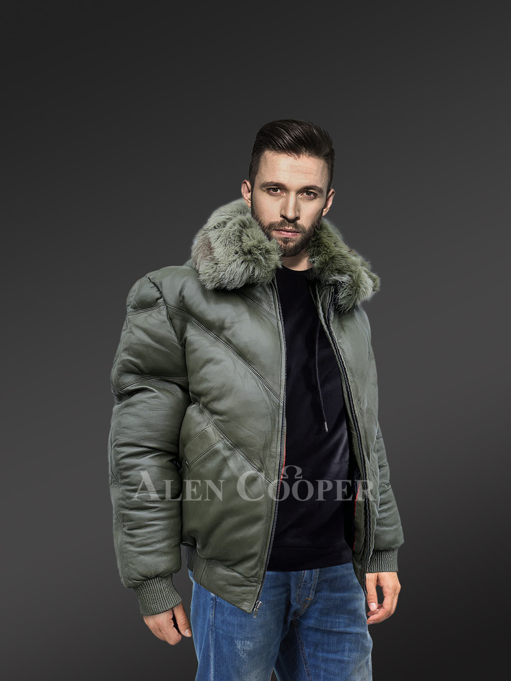 Mens Leather Down Puffer Jacket in Bomber Style - Image 2