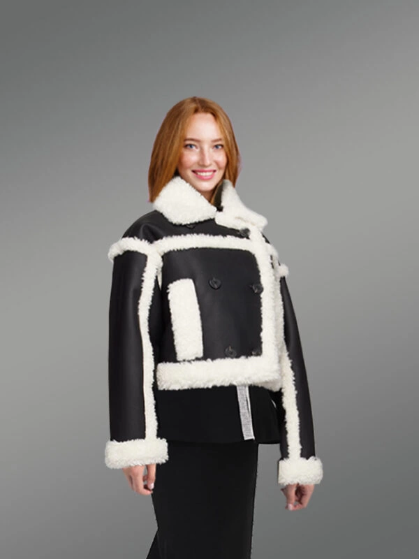 Shearling Double Breast Crop Jacket for Women in Black - Image 2