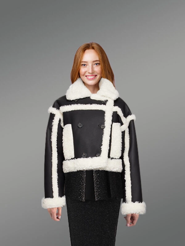 Shearling Double Breast Crop Jacket for Women in Black