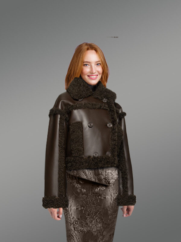 Shearling Double Breast Crop Jacket for Women in Coffee - Image 2