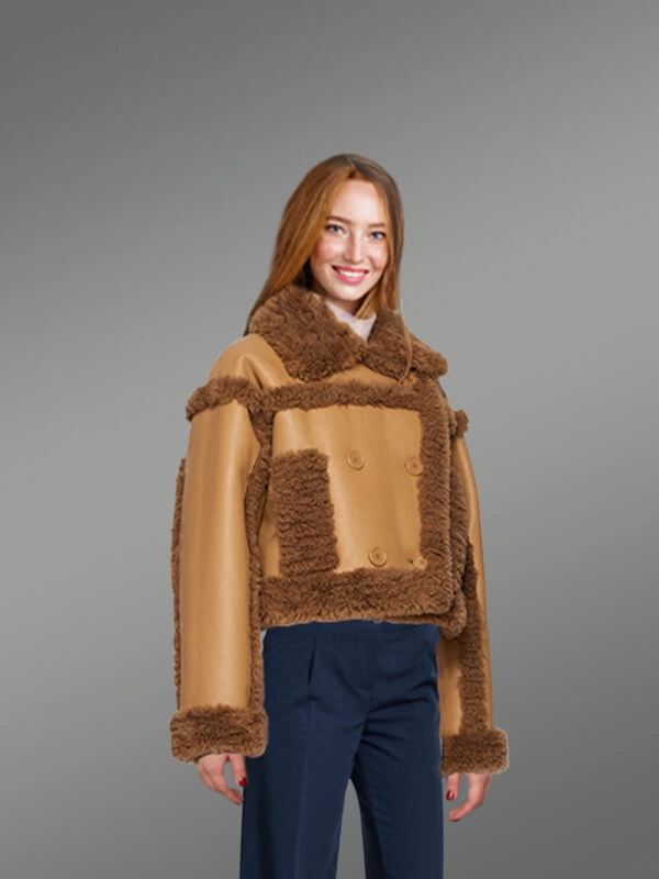 Shearling Double Breast Crop Jacket for Women in Tan - Image 2