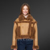 Shearling Double Breast Crop Jacket for Women in Tan