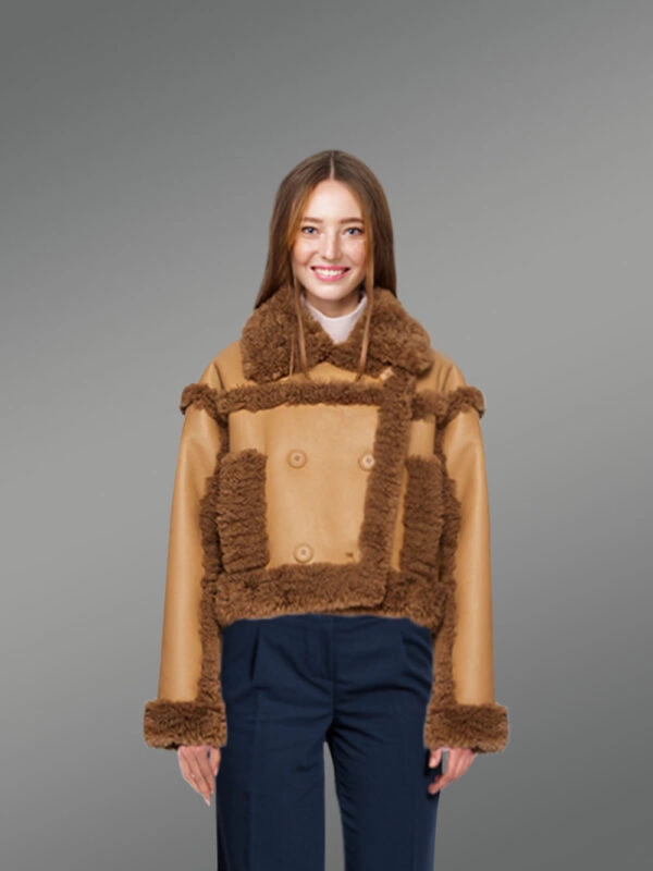 Shearling Double Breast Crop Jacket for Women in Tan