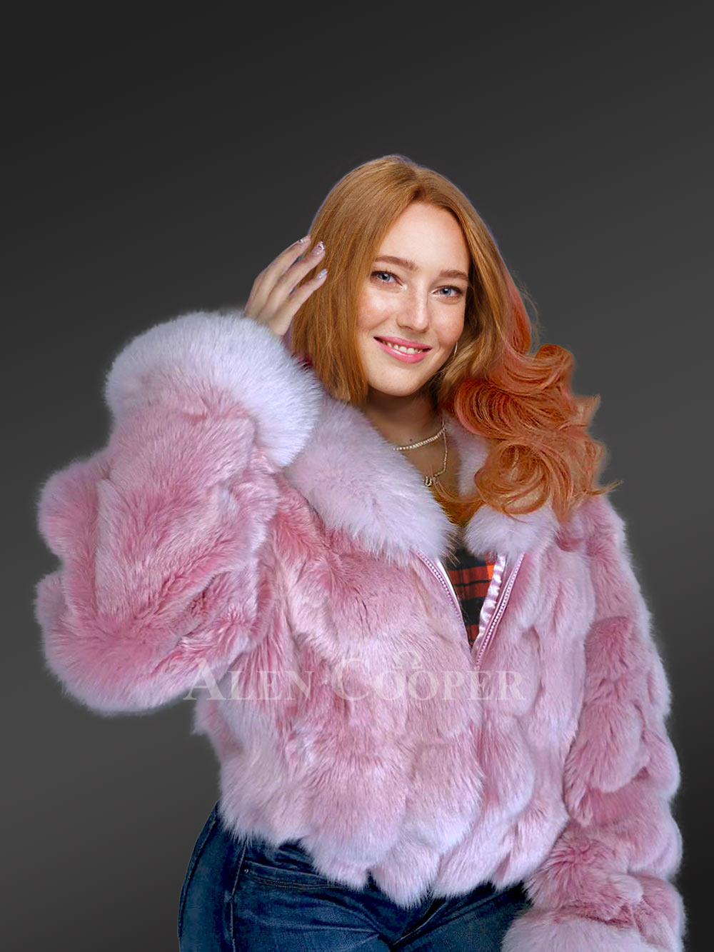 Fox Fur Cropped Bomber Jacket in a Lovely Shade of Pink - Image 6