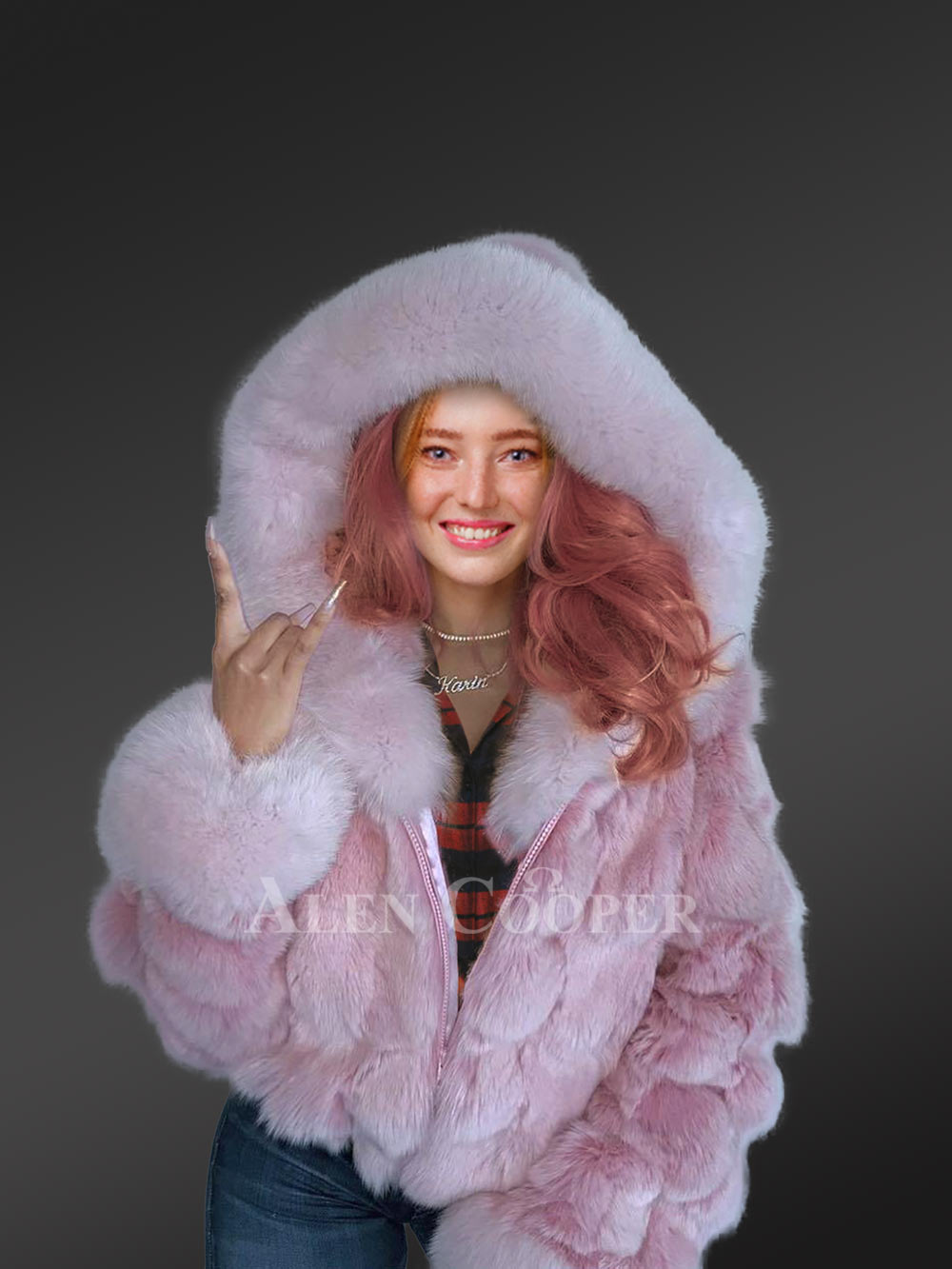 Fox Fur Cropped Bomber Jacket in a Lovely Shade of Pink - Image 4